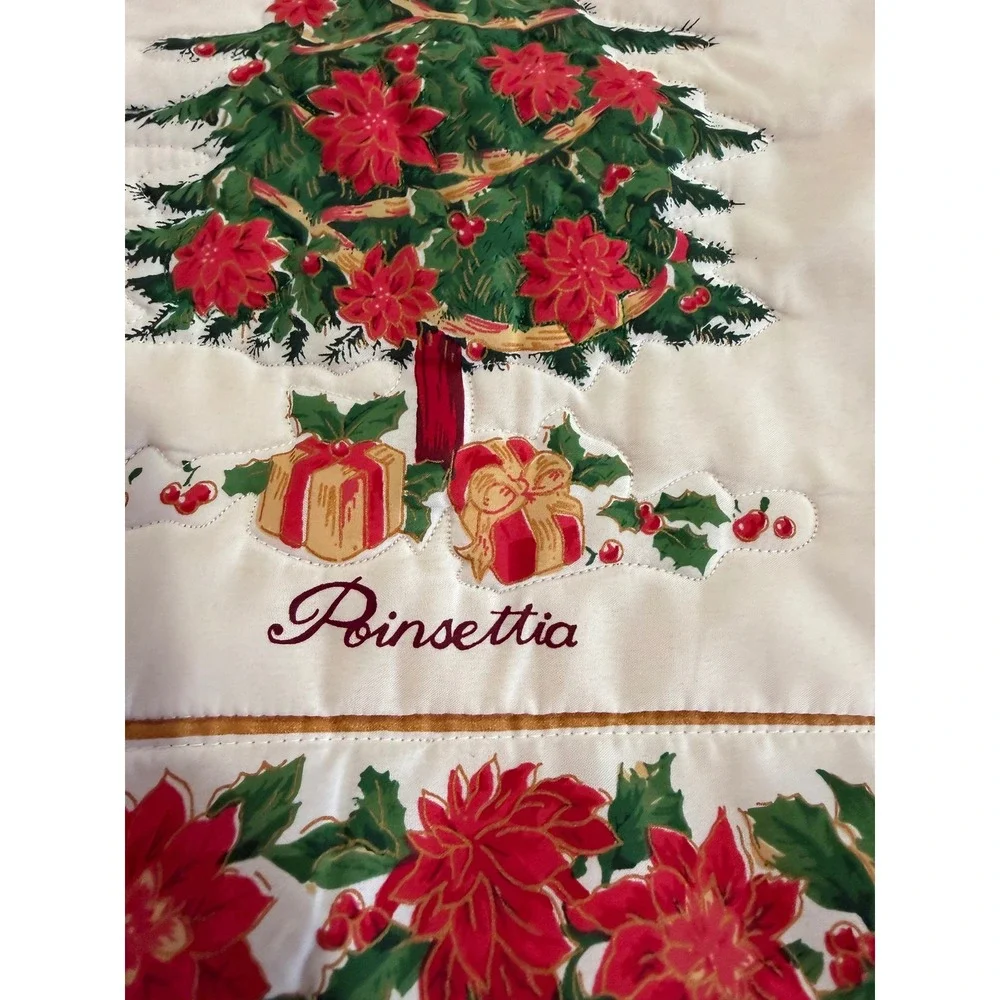 Vintage Christmas Poinsettia Tree Quilted Pillow Cover Red Cream 16x16 Zipper‎